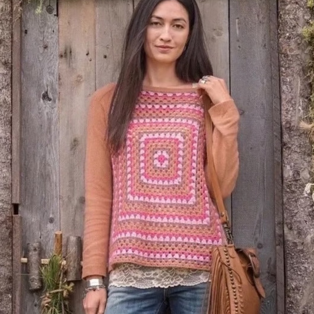 Sundance Peach and Pink Crochet Panel Sweater